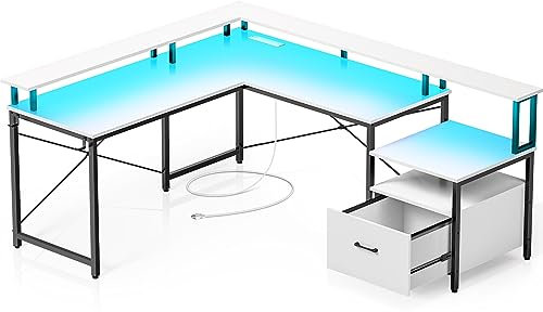Rolanstar Mesa Escritorio en L con Toma de Corriente y Tira LED, 159 cm Mesa Gaming con Soporte para Monitor y Cajón, Escritorio Reversible para Oficina, Dormitorio, Estudio, Blanco