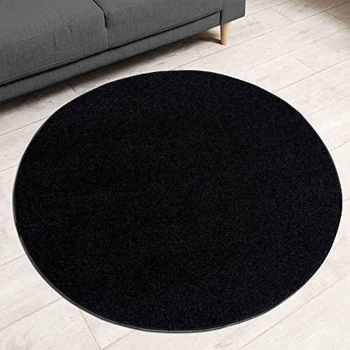 Impression Kurzflor-Wohnzimmerteppich - Schlichte Moderne Teppiche für Schlafzimmer, Büro, Flur, Küche, Kinderzimmer - Schwarz, 120 cm Rund