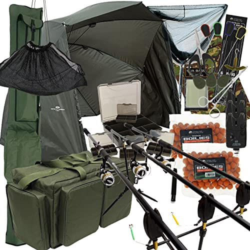 Carp Fishing Setup 3pc 12ft 2/3 Rods & Reels Bite Alarms Net Pod Carryall Bag Rod Holdall Brolly & Tackle Complete Set (3 Rod Setup)