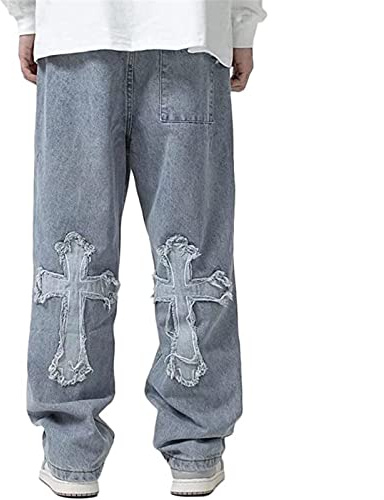 Sawmew Herren Hip Hop Baggy Jeans Fashion Print Loose Fit Wide Leg Y2k Harajuku Denim Pants Color : Blue Size