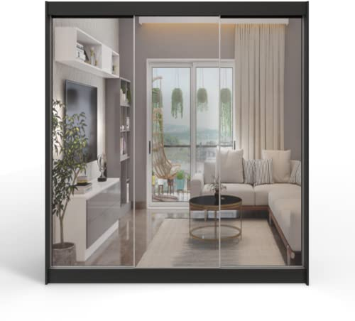 ML Furniture A3 Schiebetüren Kleiderschrank 250 cm mit Spiegel - Schlafzimmermöbel, Aufbewahrung - Mehrzweckschrank - Farbe: Schwarz - 3 Schiebetüren