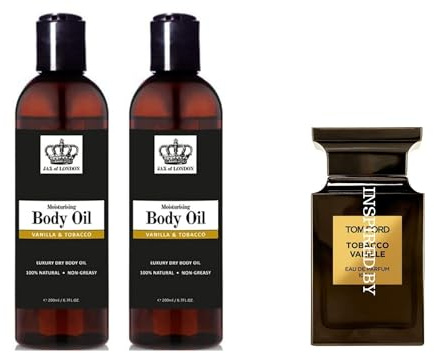 Jax of London Fragrance Inspired Body Oil Set 2 x 200ml – Vanilla & Tobacco – for Men & Unisex Fragrance – 100% Natural Ingredients – Moisturising Oil for Skin Hair & Massage