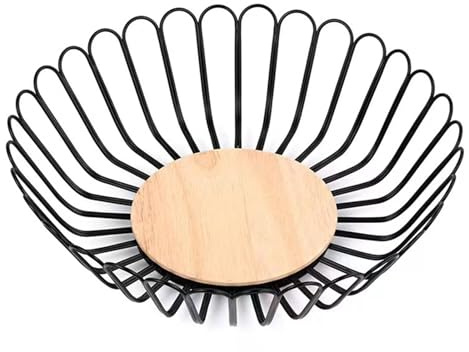 soulnioi Fruit Basket Iron Wire Fruit Bowl with Wooden Base Round Fruit Storage for Vegetable Snack Bread Home Decor - Black