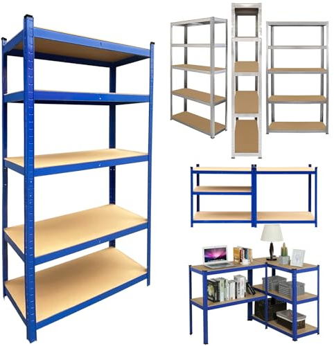 Estantería para cargas pesadas con 5 estantes, 170 x 75 x 30 cm, color azul, 5 placas de MDF, estantería para sótano, estantería de taller, estantería de metal, hasta 875 kg, estantería de metal,
