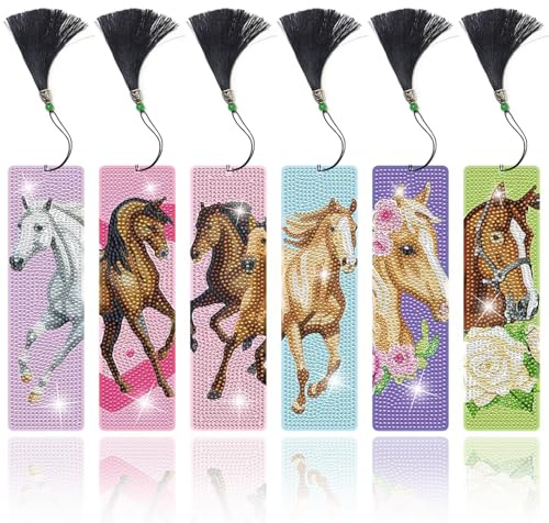 Lymshine Diamond Painting Lot de 6 marque-pages en forme de cheval - Cadeau pour enfants - 5D - Peinture diamant - Pour filles et garçons
