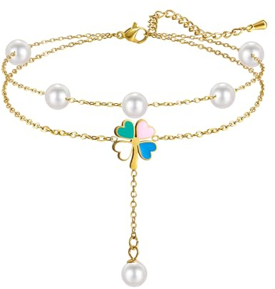 Joo&Rind Kleeblatt Fußkettchen für Damen Fussketten für Frauen Wasserfest, 18k Vergoldet Edelstahl Layered Fußkette Damen Boho Style Damen Schmuck, Geschenke für Frauen (Clover Pearl)