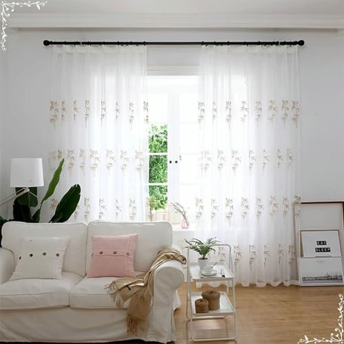 Beydodo Vorhänge Weiß 2er Set mit Haken, Gardinen für Schienensystem 107x138CM Stickerei mit Blätter Muster Gardinenschals Polyester Halbtransparent für Wohnzimmer Schlafzimmer Küche