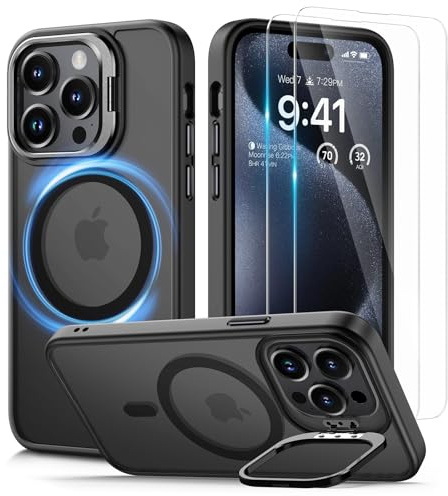 Lanhiem Cover per iPhone 15 Pro MagSafe con Cavalletto, con 2 Pezzi 9H Vetro Temperato, Magnetico Militare Antiurto Anticaduta Protezione, Custodia per iPhone 15 Pro Case, Traslucida Nero