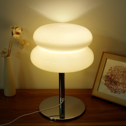 NZWBSHSSP Glass Bedside Table Lamp,Mid Century Modern Table Lamp for Nightstand, 3 Color Modes Dimmable Egg Tart Lamp, Retro Cute Desk Lamp,Mushroom Lamp for Bedroom Living Room(Beige)