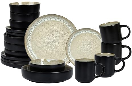 HomeVSS Ensemble de vaisselle 20 pièces - Pour 4 personnes, ensemble d'assiettes et de bols beige bulle à glaçure réactive | Ensemble de vaisselle allant au micro-ondes et au lave-vaisselle