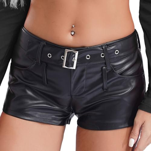 Linjinx Damen Faux Leder Shorts Niedrige Taille Kurze Hose mit Gürtel Wetlook Hot Pants Kurz Lederhose Minipants Gogo Clubwear Schwarz XL
