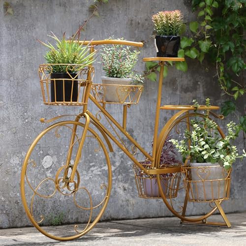 Pflanzenständer Metall, Blumentreppe Fahrrad Form Blumentopf Ständer, Blumenregal mit 4 Körben, Blumenständer mit dekorativen Rädern, für Terrasse, Garten, Balkon(Gold)