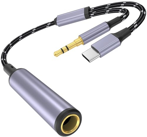 Adaptateur USB de type C vers casque 1/4, USB C et câble audio TRS 3,5 mm vers 6,35 mm, prise jack stéréo, adaptateur auxiliaire compatible avec amplificateurs, mixeurs, home cinéma, smartphones,