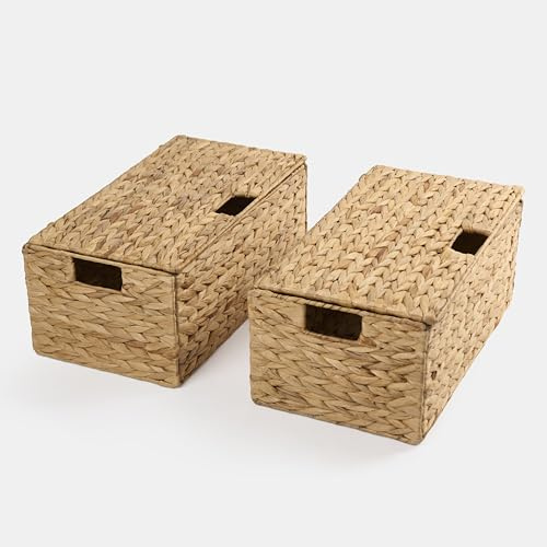 OHS Set of 2 Storage Baskets with Lid, Foldable Wicker Seagrass Storage Chest with Handles Collapsible Design For Shelves Toys & Home Organisation, Natural