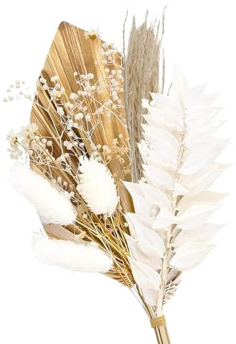 Flowers for Cakes ,White Dried Flowers Bouquet with Gold Palm Leaf Cake Topper – Boho Flower Cake Decorations for Wedding, Birthday, Party and DIY Crafts