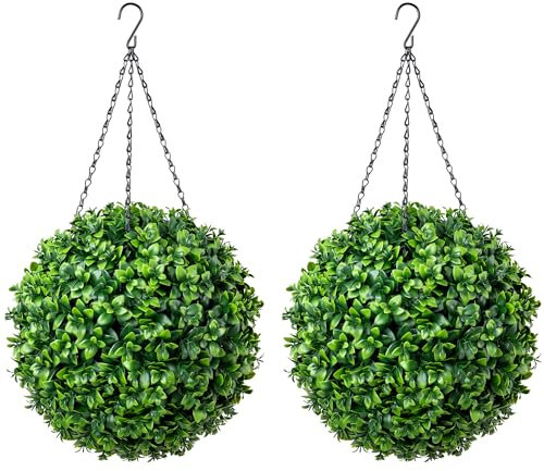 CHRISTOW Pair of Artificial Laurel Topiary Balls, 28cm Faux Leaf Pant Hanging Ornaments, Decorative Outdoor Garden Topiaries, Lush Lifelike Foliage, UV Fade Protected, Pre-Attached Chain with Hook