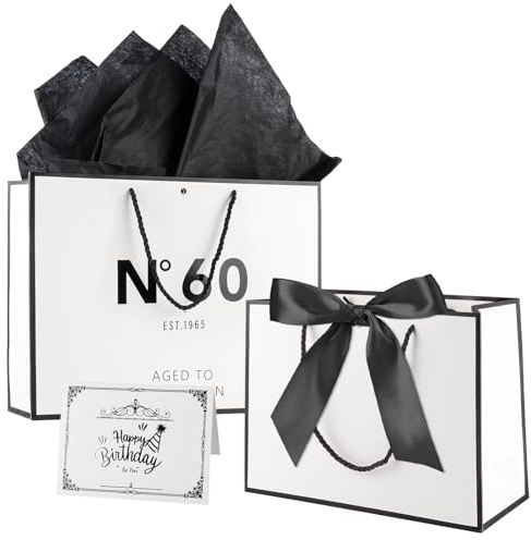 Tookala Weiß Papier Geschenktasche 60. Geburtstag, Geschenktasche mit Seidenband, 33 x 25 x 11 cm Größe Geschenktüte mit karte & Perlgaze, Happy 60th Birthday Geschenktüte, Geschenkbeutel Frau Mann
