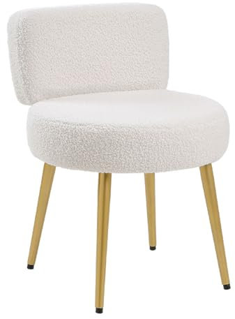 Warmiehomy Dressing Table Stool with Gold Legs and Tufted Back Comfy Makeup Vanity Stool Chair for Dressing Table, Bedroom, Living Room, White, Teddy Velvet