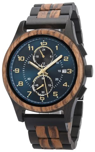 EBONY Mens Wooden Watch with Chronograph Quartz Movement Luminous Hands Date Display Running Second Sub Dial Custom Engraved Back and Wood Gift Box Analog Wood Wristwatch