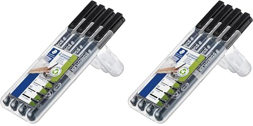 STAEDTLER permanenter Universalstift Lumocolor, wisch- und wasserfest, für fast alle Oberflächen, sekundenschnell trocken, nachfüllbar, 4 schwarze Marker in sortierten Linienbreiten, 31-9WP4GS