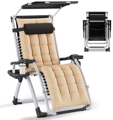 Huracan Sonnenliege Liegestuhl mit Dach, Relaxliege Wetterfest, Belastbar 200kg, Ergonomisches Polster, verstellbare Rückenlehne, mit Nackenkissen Getränkehalter Armpolster & Seitentasche, Beige