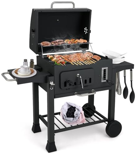 COSTWAY Charcoal BBQ Grill, Portable Smoker Barbecue Griller with Hooks, Wheels, Foldable Side Tables & Thermometer, Outdoor Garden Picnic Adjustable Barbecue Trolley (with 2 Side Table, 132x57x106cm)