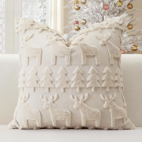Artscope 1er Set Wolle Kissenbezüge Weicher Plüsch Kurzer Wollsamt Dekokissenbezuge Sofakissen Weihnachten Kissenhülle für Sofa Schlafzimmer Weihnachtsbaum und Elch Creme Beige, 50x50cm