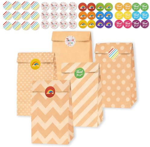25 Kraftpapiertüten Geschenktüten mit 48 Aufkleber Kindergeburtstag | 24x13x8 cm, braun, Kraftpapiertüten, DIY geeignet, für Süßigkeiten&kleine Geschenke, Geburtstage, Hochzeit & Weihnachten