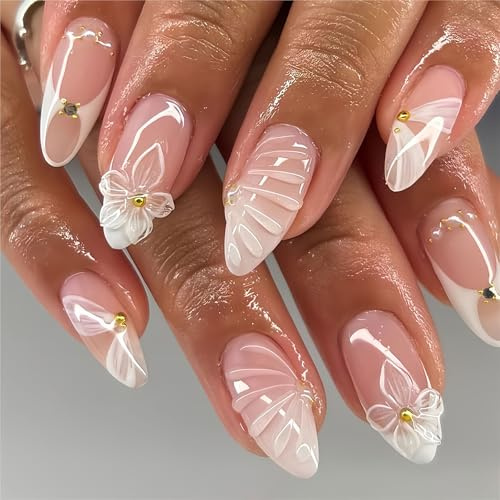 Ruispeed Uñas Postizas Cortas en Almendra – Nude con Punta Francesa Blanca y Línea Dorada, Acabado Brillante de Gel Uñas Acrílicas Reutilizables con Pegamento
