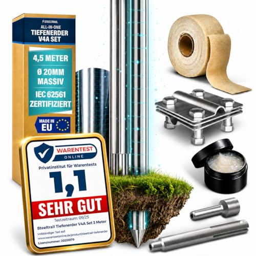 Tiefenerder V4A Set 4,5m-1,5m-3m-6m Erdungsspieß Staberder für PV Anlage Edelstahl 20mm inkl SDS-Max Einschlaghilfe, Erdungsklemme, Erdungsstab für Erdungskabel Blitzableiter Erdung Premium Steeltrail