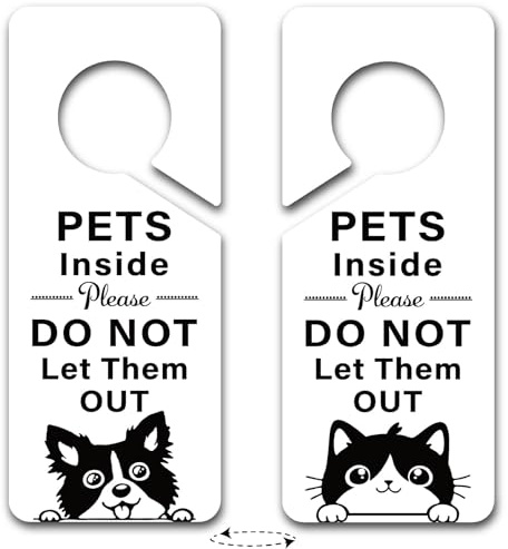 PRESSINART 2Pcs Panneaux de Porte Ne Pas Laisser les Animaux Sortir Signes de Poignée Animaux à l'Intérieur Ne Pas les Laisser Sortir Motif Chien Chat PVC Double Face Décoration Porte 9 x 4 Pouces