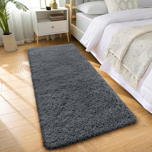 smiry Flauschig Hochflor Teppich Läufer Waschbar - 80x150 cm, Dunkelgrau | Rutschfest Weich Moderner Kuscheliger Teppiche fürs Flur Küche Eingang