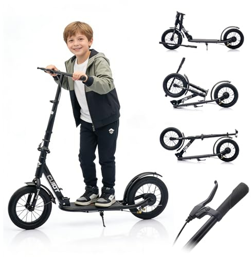 GHBXJX Scooter für Erwachsene & Jugendliche, Höhenverstellbarer Klapproller mit Korb, Tretroller luftreifen mit Handbremse und Fußbremse, bis zu 150kg, ideal Wahl für Pendler und Reisende,Schwarz