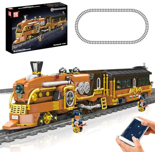 Mould King 12046 Steampunk Train Building Kit, 1954-Piece RC Locomotive Model with APP & Remote Control, Motorized Steam-Style Train with Tracks, Engineering Display Assembly Set