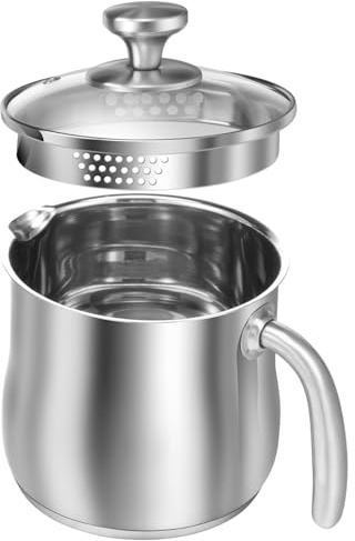 Cacerola de acero inoxidable Cacerola para leche de 2 litros con pico vertedor, tapa de vidrio y mango para hervir leche, salsas, pasta, fideos, de acero inoxidable