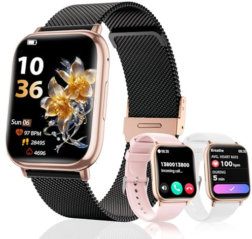 SLOKSFil Smartwatch Damen mit Telefonfunktion, 3 Armbänder 1.83 HD Smart watch mit 24H Pulsmess SpO2 Schlafmon IP68 Wasserdicht 120+ Sportm Schrittzähler Fitness Tracker für iOS Android Schwarz Gold