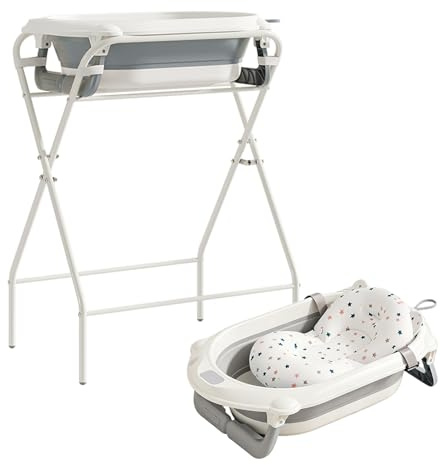 Kynorva faltbare Babybadewanne mit Gestell, Wasserthermometer & Stützkissen, ergonomische Wanne für Neugeborene bis 12 Monate (Grau)