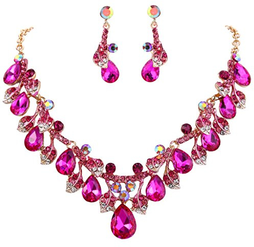 Clearine Conjunto de joyas para mujer conjunto de joyas de pendientes colgantes collar llamativo de hoja de racimo de gota de cristal nupcial de boda