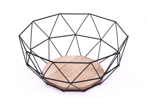 Carousel Home and Gifts Black Geometric Metal Wire Wooden Base Decorative Storage/Display Basket Fruit Bowl