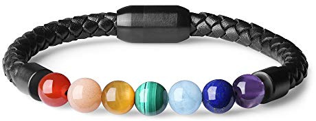 COAI Bracciale da Uomo e da Donna in Pelle Intrecciata con Perle Mala Naturali Sette Chakra, Bracciale con Chiusura Magnetica in Acciaio Inox Taglia M