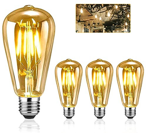 EYLM Edison Light Bulbs E27 Vintage Edison LED Light Bulbs 4W (Equivalent to 40W) 2700k Warm White, ST64 LED Bulbs Dimmable Led Filament Antique Style Retro Amber Glass Screw Lamp 3 Packs