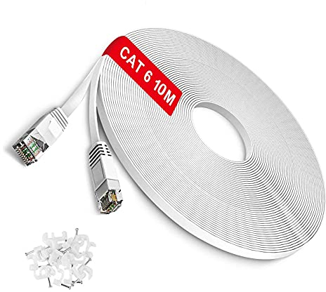 TBMax 10m Ethernet Cable Flat Cat6 High Speed Gigabit LAN Network Cable Long - OFC -RJ45 UTP Internet Patch Cable for Computer,PS5,Modem,Router,TV - Compatible with Cat5e Cat6a Cat7, White