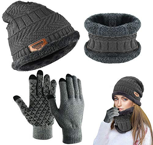PERFETSELL Wintermütze Set Warm Strickmütze Beanie Winter Mütze Fleece Haube Damen Herren Loop Schal Nackenwärmer und Touchscreen-Handschuhe für Winter Outdoor Sport (Grau)