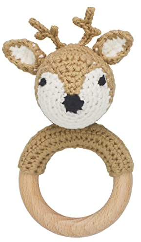 Joliecraft Waldland Holz Baby Rassel Greifling, Babyrassel Holzspielzeug Beißring für Mädchen und Junge, Geschenk zur Geburt weißes und hellbraunes Reh