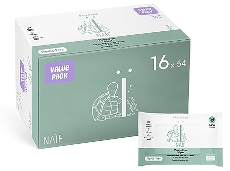 Naïf Plastikfreie Feuchttücher 864 Stück (16er x 54 Feuchttuch) - Pflege für Babypo, Körper und Gesicht - 99% aus Wasser - 0% Parfüm und Alkohol - Nachhaltige Feuchttücherbox Eukalyptus Sensitiv