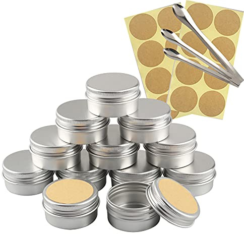 TIANZD 100 Stück Leere 30 ml Rund Silber Aluminium Tins Schraubdose Cremedose Alu-Tiegel Dosen mit Schraub-Deckel 5ml Aludose Blechdosen für Kosmetik Kerze Salben 3x Löffel, 100x Etikette
