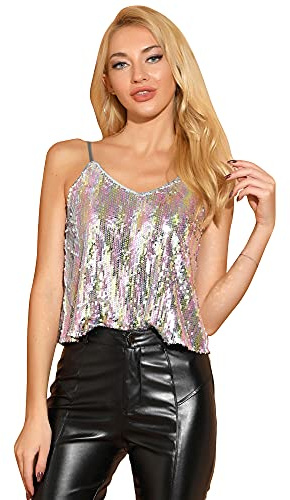 Allegra K Damen Pailletten Oberteil Glitzer Top Spaghetti Party Club Camisole Metallic Festival Shirt Top