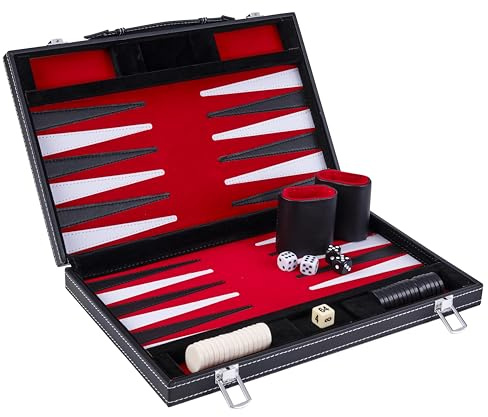 Engelhart - 250516 - Backgammon 15 Pouces - 36 x 48 cm Ouvert - Valise en Simili Cuir & Feutre - Rouge/Noir/Blanc - Jeu de Stratégie - Jeu de Backgammon