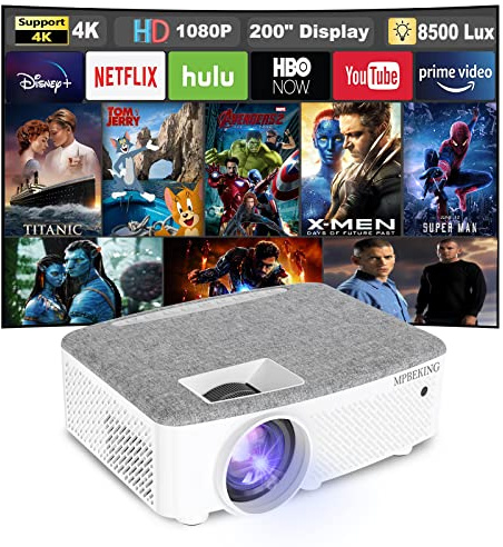 Mini-Projektor, tragbar, 1080P, Native, Film-Handy-Projektor, 8500 Lumen, 500 cm Display, kompatibel mit Android/iOS für Heimkino, PS4, TV-Stick, DVD-Player…