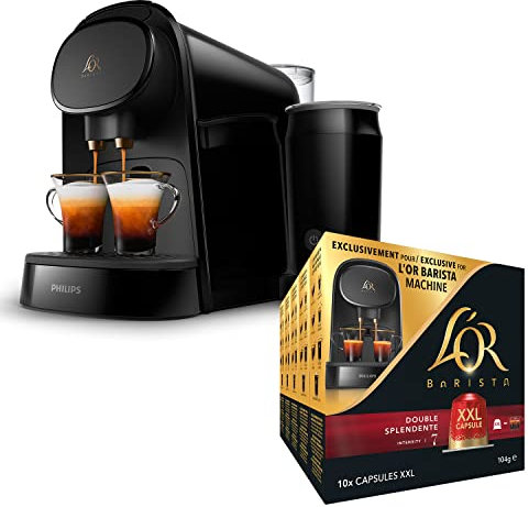 L'OR BARISTA Coffee Machine & Milk Frother by Philips with L'OR Double Splendente XXL 5X10PC, Double Shot, Aluminium Coffee Capsules (Total 50 XXL Capsules) Intensity 7